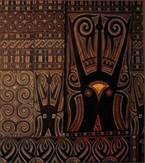 The door of the ricebarn showing a stylised buffalo.